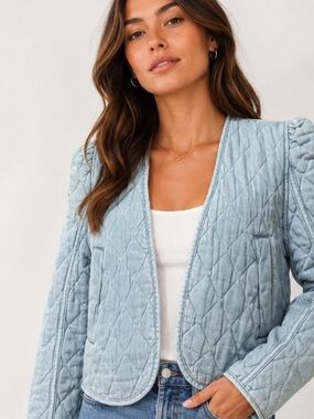 BLANKNYC Quilted Jacket Womens Small Light Blue Puff Sleeve Open Front NWT Small